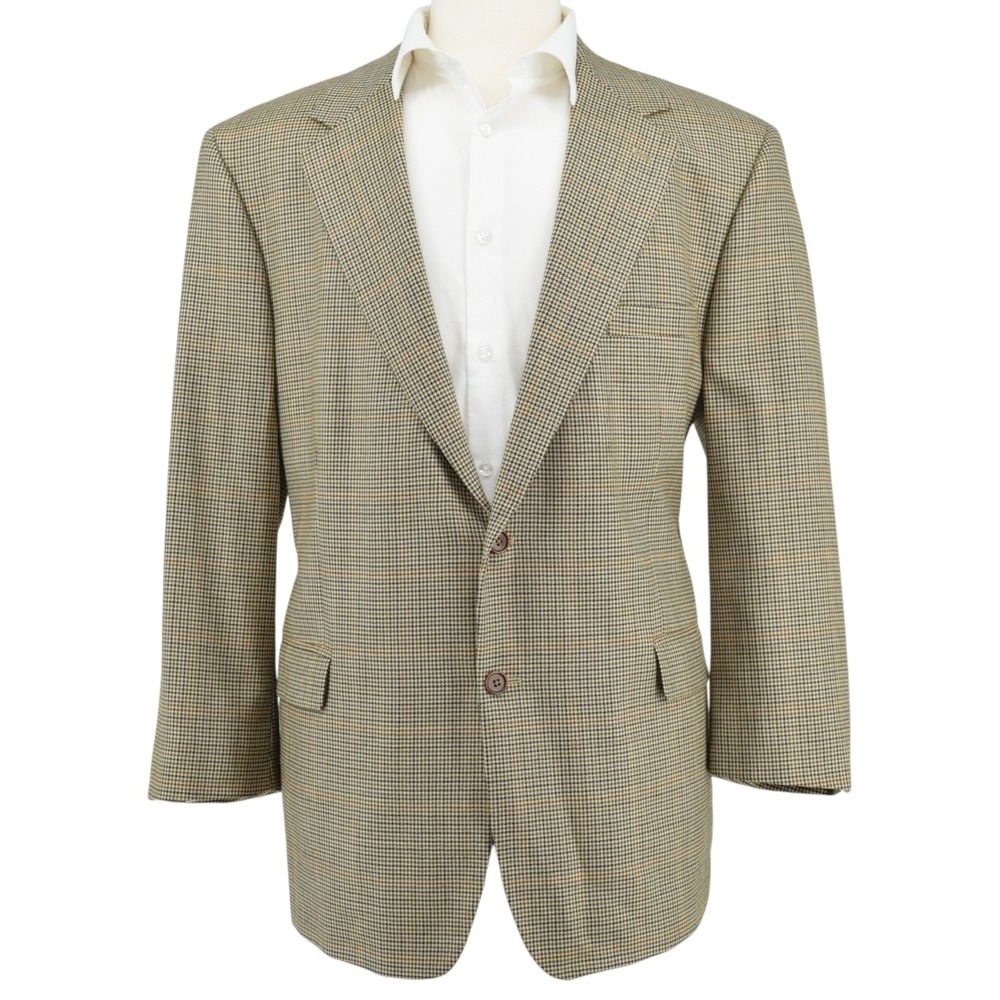 Brooks Brothers Mens Sport Coat Blazer 46R Wool Tan Houndstooth Windowpane Italy